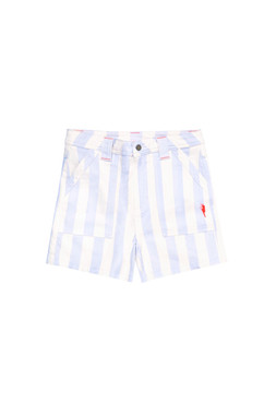 Blue and White Stripe Patch Pocket Denim Shorts