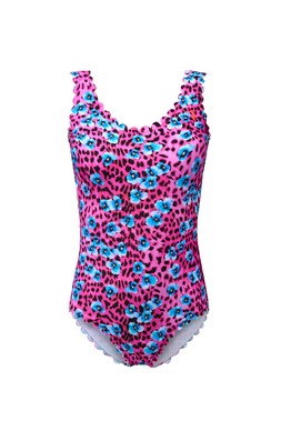 Bright Pink Floral Cheetah Scallop Edge Swimsuit 2192