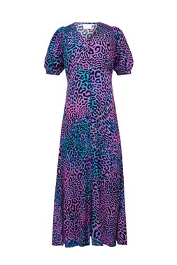 Pink with Green Leopard Ray Blouson Sleeve Midi Tea Dress