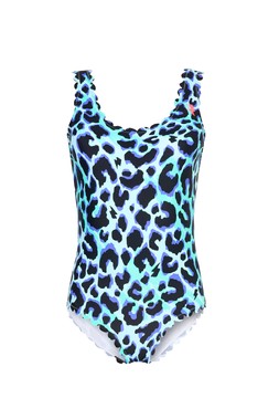 Turquoise with Black and Blue Shadow Leopard Scallop Edge Swimsuit