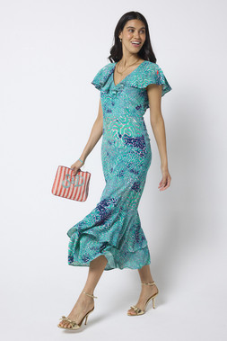 Blue Ocean Scales Cape Sleeve Midi Dress