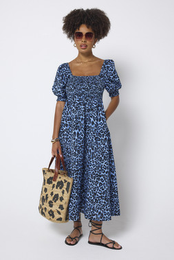 Blue Jaguar Wave Shirred Square Neck Midi Dress
