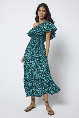 Green Jaguar One Shoulder Midi Dress