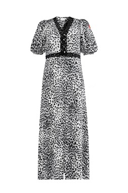 Grey Cheetah Lace Trim Puff Sleeve Midi Tea Dress