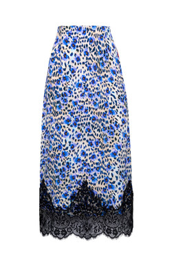White with Blue Floral Cheetah Lace Trim Midi Slip Skirt