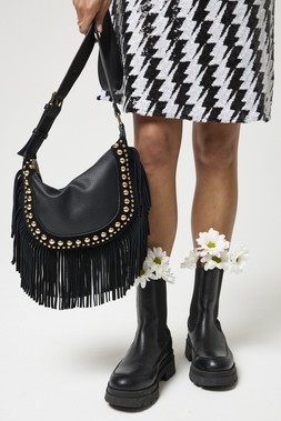 Black Studded Suede Fringed Cross Body Bag