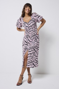 Pale Pink with Grey Texture Tiger Puff Sleeve Midi Tea Dress