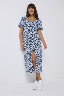 Pale Blue With Grey Texture Tiger Puff Sleeve Midi Tea Dress