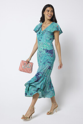 Blue Ocean Scales Cape Sleeve Midi Dress