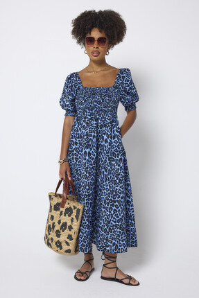 Blue Jaguar Wave Shirred Square Neck Midi Dress