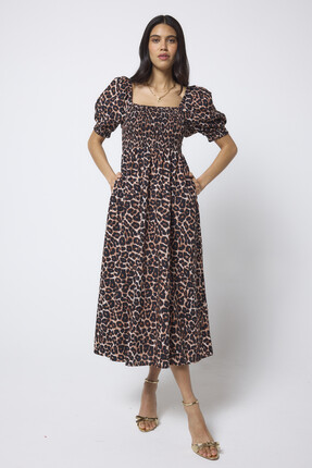 Neutral Jaguar Shirred Square Neck Midi Dress