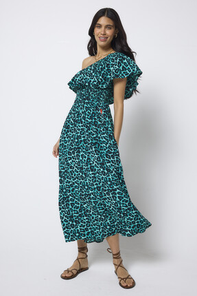 Green Jaguar One Shoulder Midi Dress