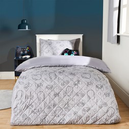 OHS Gaming Print Pinsonic Quilt Duvet Cover Set - Grey - Single - £16